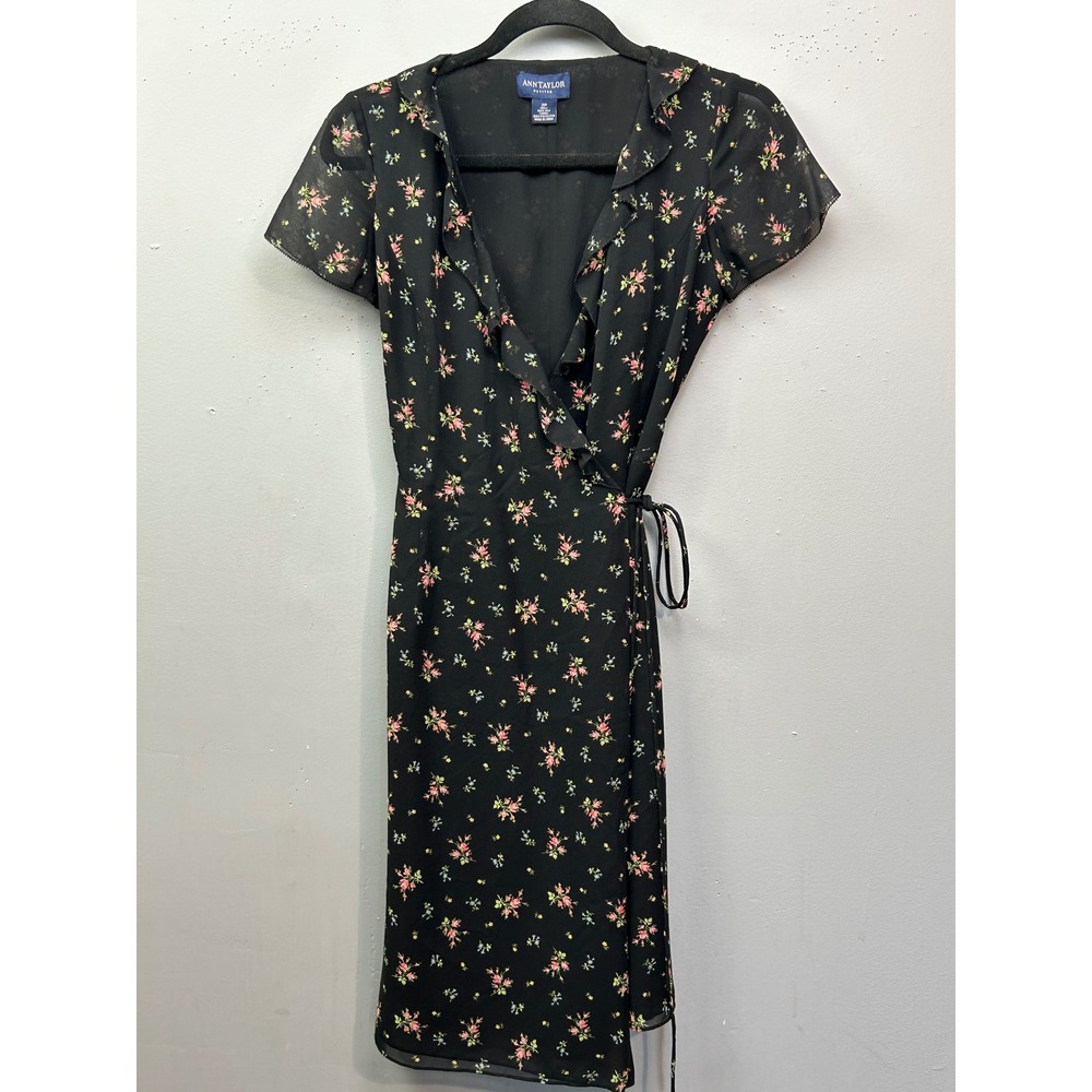 Ann Taylor Petite Silk Black Floral Wrap Dress Womens 2P Short Sleeve Sheer